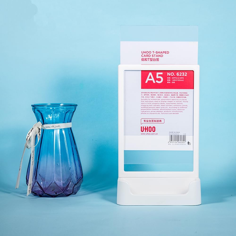 ABS Plastic Sign Holder, Menu Displays T Shape Sign Stand with Business Card Holder, Plastic Display Stand for Ads, Menu, Photos, Business Card (Black A4 210×297mm/8.27×11.69 inches)