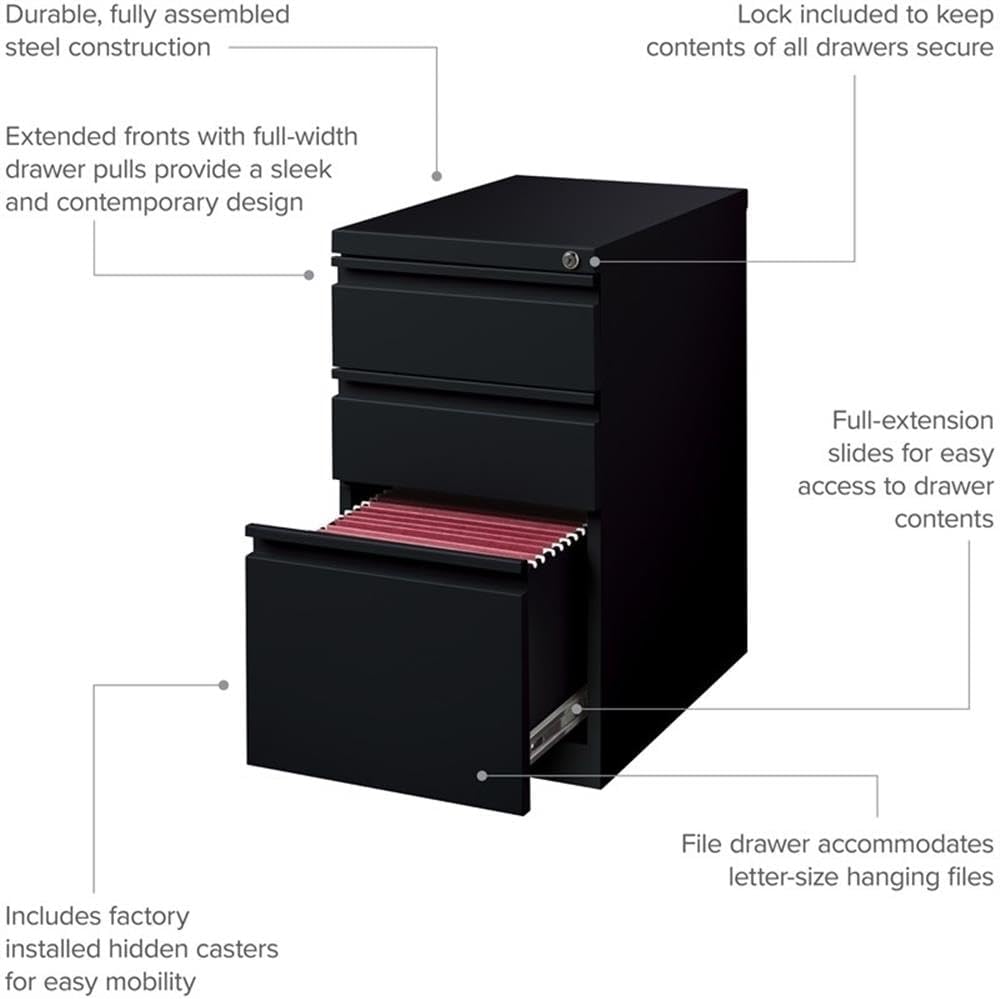 Pemberly Row 3 Drawers 27.75" Vertical Black Metal Filing Cabinet Lockable Pre-Assembled Stationary Letter Size for Home, Office