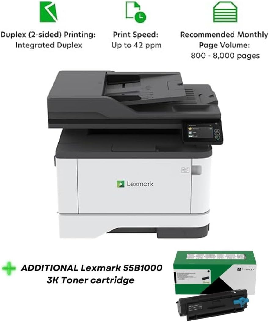 LEXMARK MX431adn Laser Multifunction Printer - Monochrome (29S0200) Bundle with 55B1000 Black 3K Yield Toner Cartridge