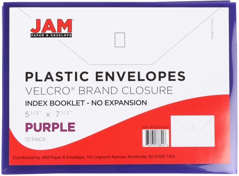 JAM PAPER Plastic Envelopes with Hook & Loop Closure - Index - 5 1/2 x 7 1/2 - Purple - 3/Pack