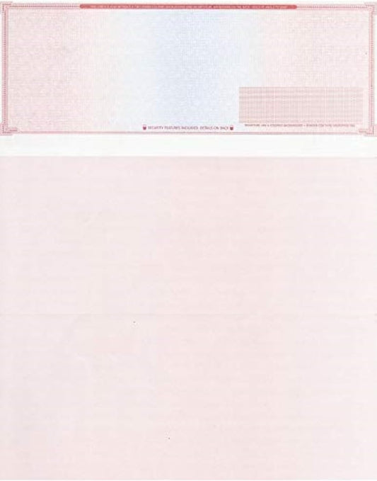 50 Blank Check Stock - Check on Top Mazed - Paper Weight # 70"High Security" Check Paper Red/Blue Mazed