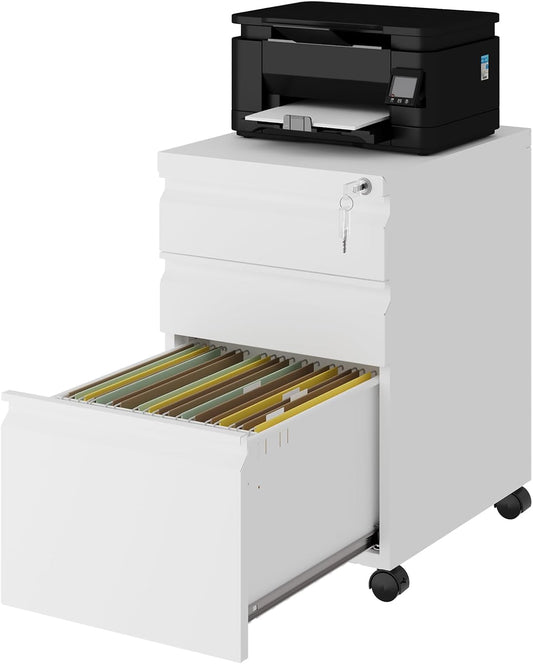Rolling File Cabinet with Lock, 3 Drawer Metal Mobile Filing Cabinet for Legal/Letter Size, Fully Assembled Except Casters,White