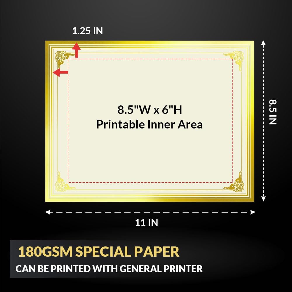 SUNEE 100 Sheets Certificate Papers - Blank Gold Foil Border, Letter Size 8.5x11 for Diploma, Certificates, Participation Awards, Document Cardstock Paper and Inkjet Printer Friendly