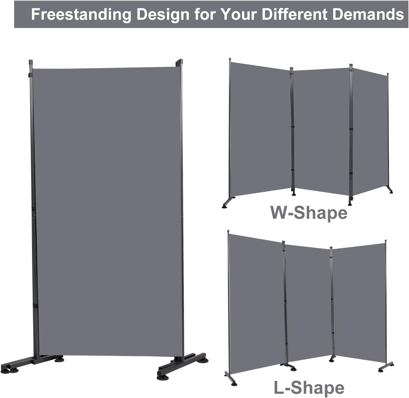 Room Divider 6FT Folding Privacy Screens, Partition Room Dividers w/Freestanding Design, Portable Wall Divider for Room Separtation, Fabric Screen Panel for Home Office Dorm (Grey, 3 Panel-Round Pad)