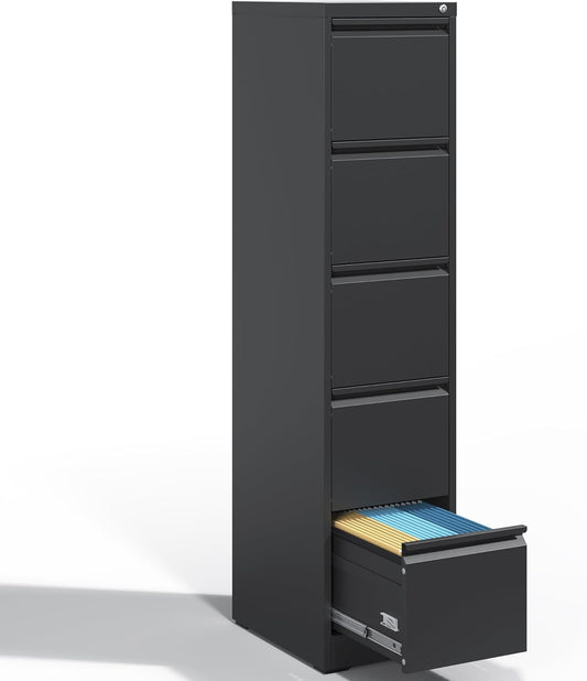 5 Drawer File Cabinet, Metal Vertical Filing Cabinets for Home Office, Steel Storage Cabinet for Hanging Legal/Letter Size Files, Assembly Required (Black)