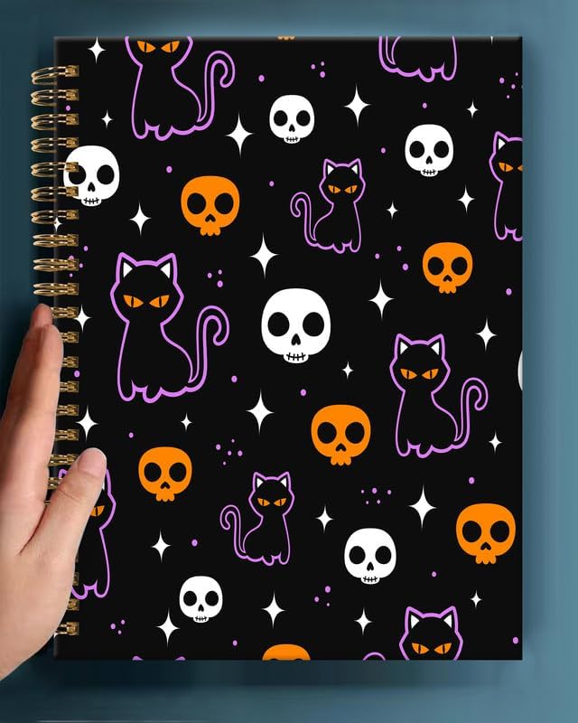 Spiral Journal Notebook,A5 Hardcover Lined Journals for Women Girl 6 x 8.3 in,120 Pages Thick Paper,Cute College Ruled Writing Notebook for Gifts Office Work School(Halloween Skull Cat)