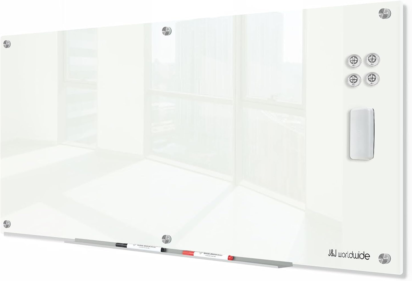 J&J worldwide Glass Dry Erase Board 6' x 3', Glass Whiteboard Magnetic, Large Frameless Glass White Boards for Walls, Includes Magnets, Marker Tray, Eraser for Office, Home, School