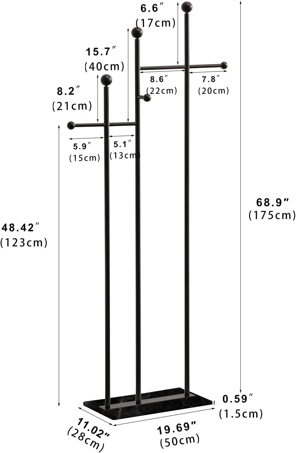 Metal Freestanding Coat Rack with Marble Base Heavy Duty Clothes Rack Coat Tree Stand Hat Rack for Corner Bedroom Entryway Living Room Hotel 19.69 x 11.02 x 68.9 Inches (Black)