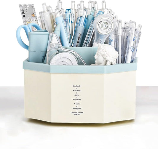 Desk Organizer, 360-Degree Rotating Multi-Functional Pen Holder, 5 Compartments Desktop Stationary Organizer, Home Office Art Supply Storage Box Caddy (White+Blue)