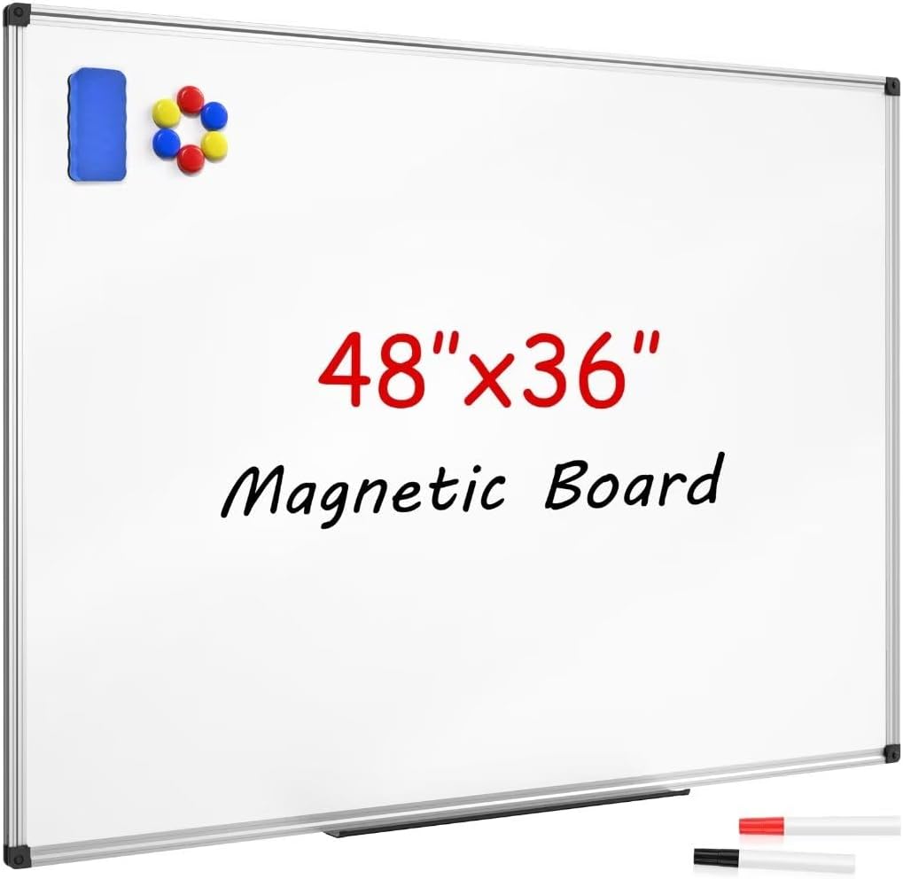Magnetic Dry Erase Whiteboard 48 x 36 Inch - 4 x 3 Large White Board, Silver Aluminum Frame Wall-Mounted, Magnetic Eraser, 2 Pen, Detachable Marker Tray, 6 Magnets for Office, School