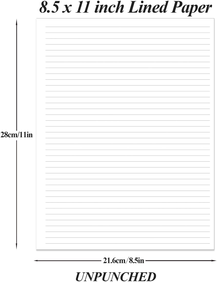 Unpunched Line Paper - 100 Sheets/200 Pages Loose Leaf Paper Line Refills, Letter Size, 100gsm, White, 8.5" x 11"