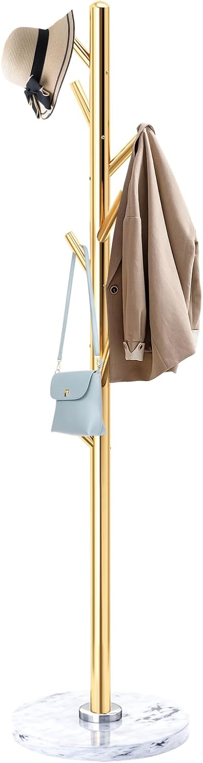 EZIVIEZ Modern Coat Rack Stand, Metal Freestanding Coat Rack with Natural Marble Base, Golden Coat Racks with 8 Hooks and Coat Hanger Tree Jacket Stand for Office, Entryway, Hallway