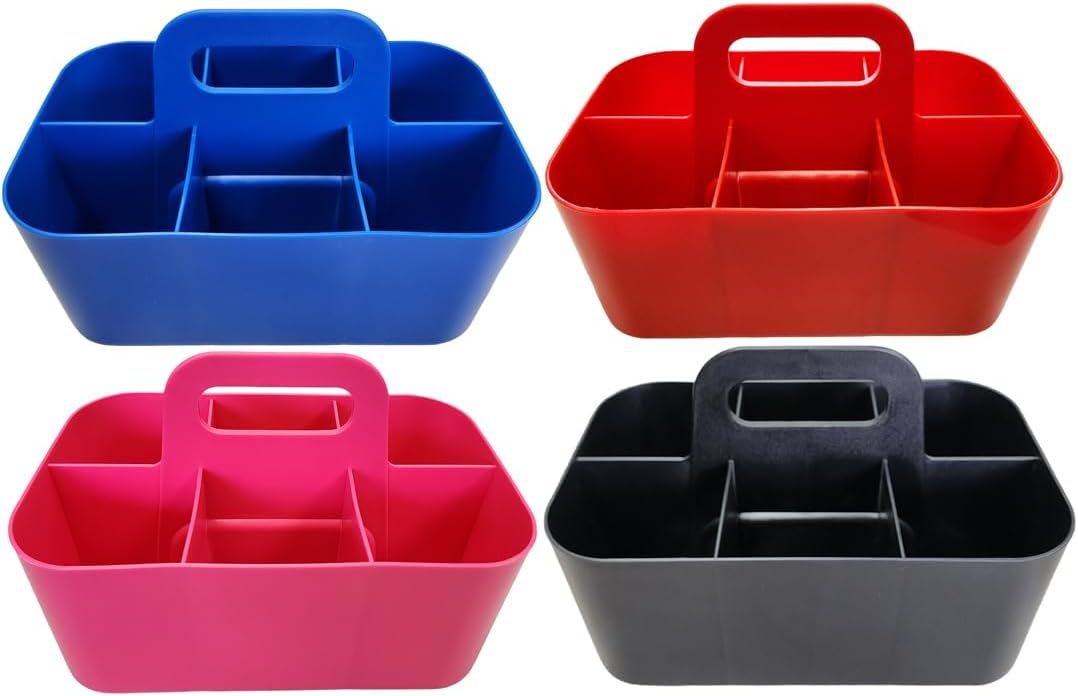 Small Stackable Plastic Caddy with Handle 6 Compartment | Desk, Makeup, Dorm Caddy, Classroom Art Organizers - 4 Pack, Made In USA (Black/Red/Blue/Hot Pink)