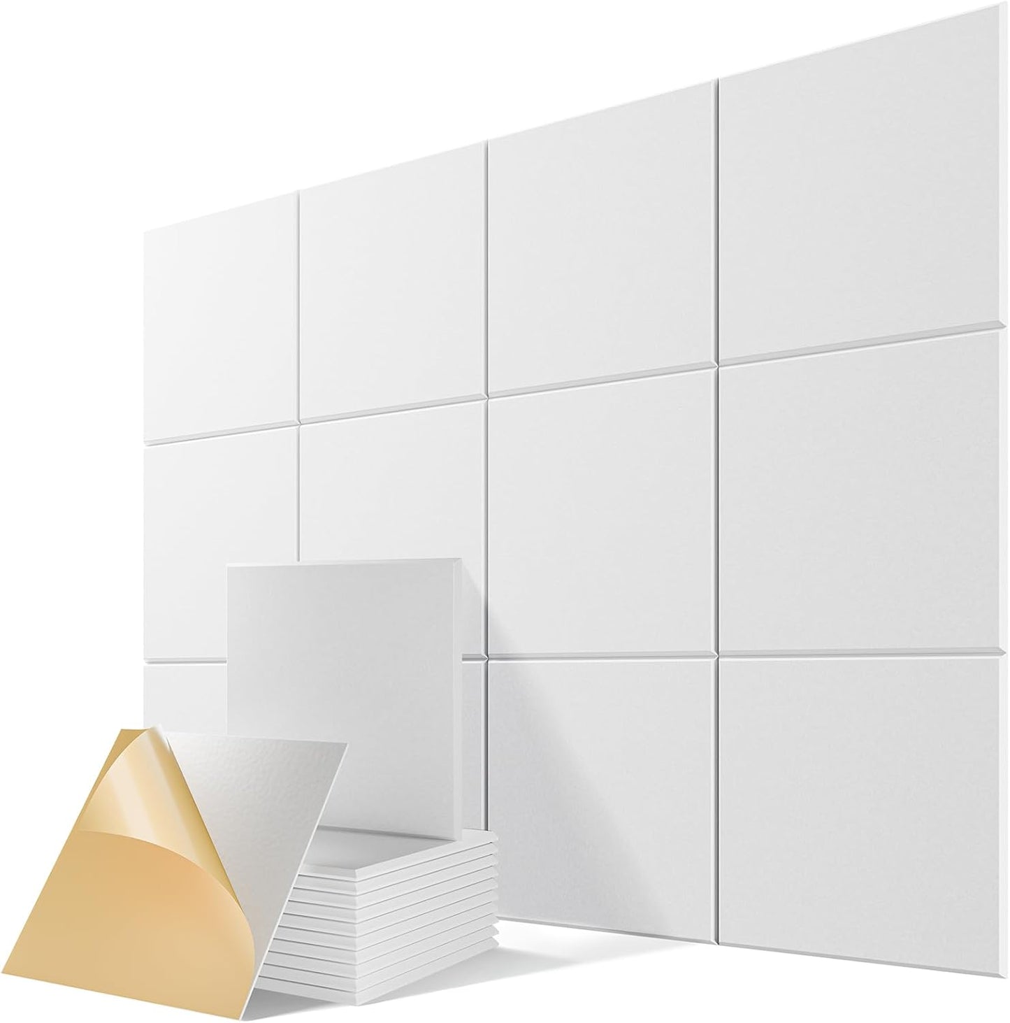 12 Pack Self-Adhesive Acoustic Panels, 12" X 12" X 0.4" High-Density Polyester Sound Proof Foam Panels for Walls, Soundproof Wall Panels for Home & Office (White)