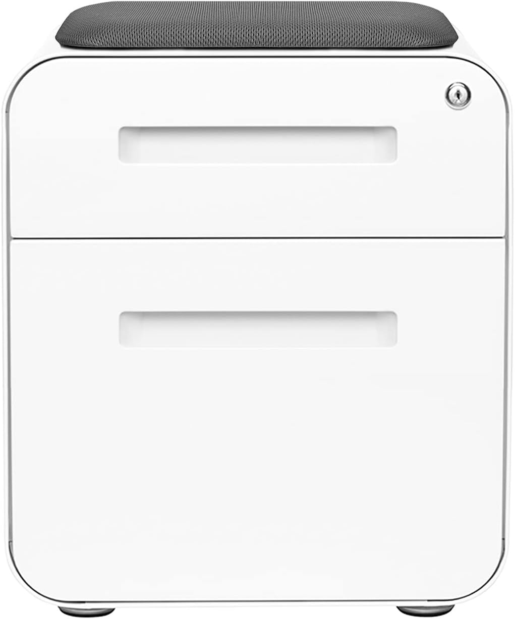 Laura Davidson Furniture STOCKPILE Mini Seated 2 Drawer Mobile File Cabinet with Removable Magnetic Cushion Seat - Short Version, Metal Filing Cabinet, Pre-Assembled, White with Grey Cushion