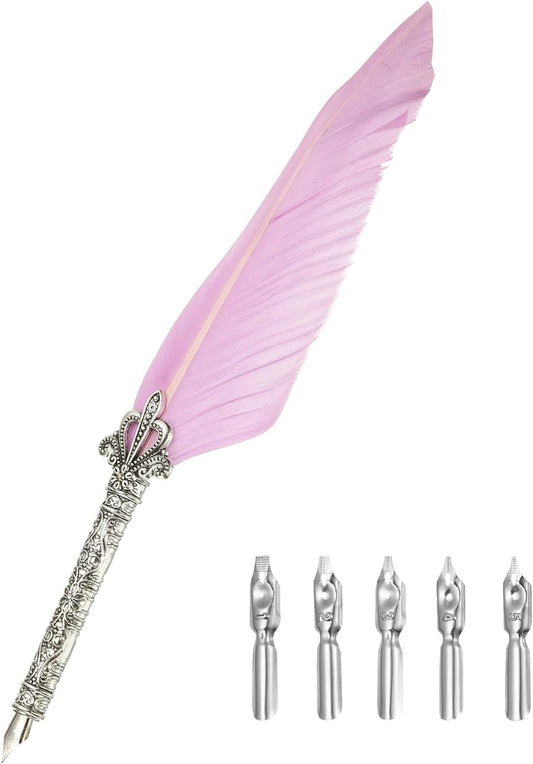 PATIKIL 26.5cm/10.4" Calligraphy Feather Quill Pen, Vintage Feather Dip Pen with 5 Replacement Nibs for Calligraphy Writing Wedding Office Gifts, Light Purple