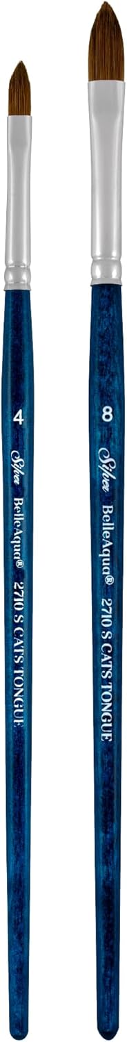 Silver Brush Limited BA-2756S BelleAqua Cats Tongue Brushes, 2pc Watercolor Brush Set, Professional Soft Synthetic Red Sable Filament Cats Tongue Paint Brush Set, Short Handle, Sizes 4 and 8