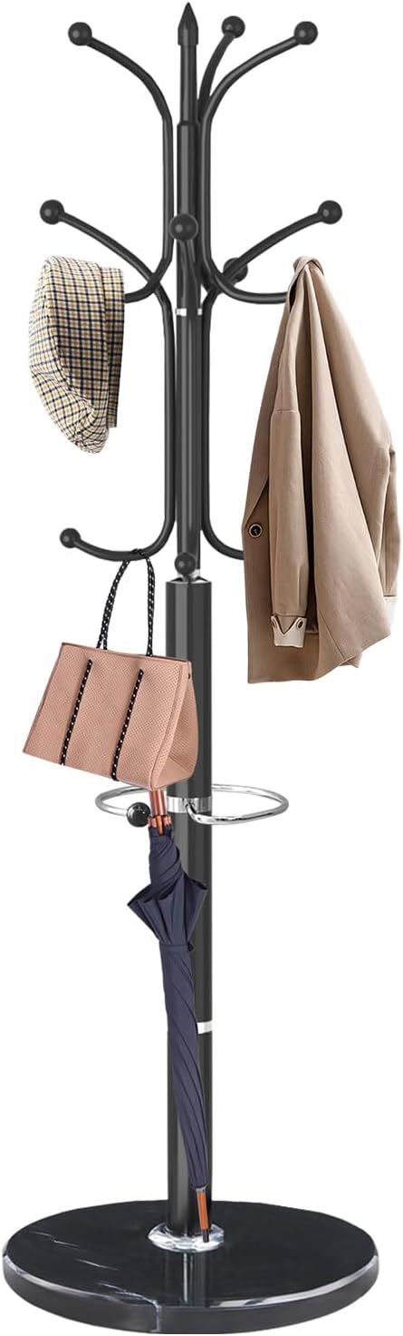 EZIVIEZ Modern Coat Rack Stand, Metal Freestanding Coat Rack with Natural Marble Base, Heavy-Duty Coat Racks with Umbrella Holder,Black Coat Hanger Stand with 12 Hooks for Office, Entryway, Hallway