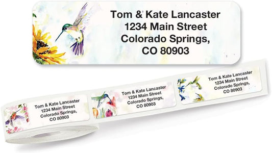 Colorful Images Fluttering Hummingbirds Rolled Personalized Return Address Mailing Labels with Dispenser, Customize with Name & Shipping Address, 500 ¾” x 2½ Self Adhesive, Easy Peel Label Roll