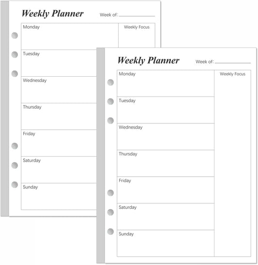 (2-Pack) Weekly Planner Refills for A5 Binders - 106 Sheets/212 Pages Undated Weekly Planner, 6-Hole Punched, 100 gsm White Paper, Lasts 1 Year, Undated, 5.8" x 8.3", Black