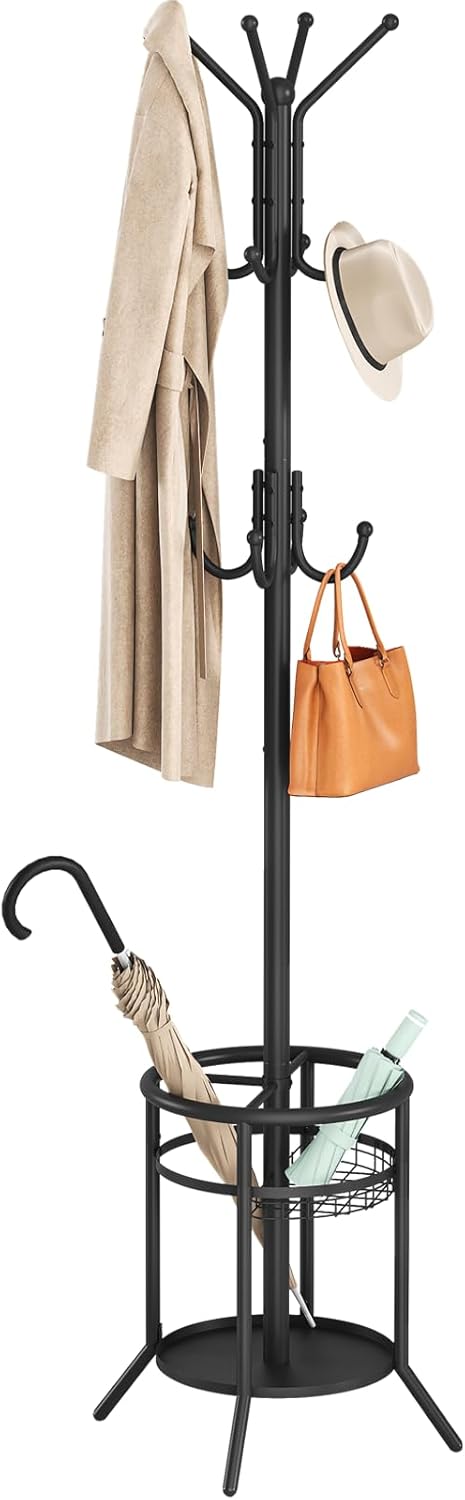ELYKEN Coat Rack Freestanding, Metal Coat Rack Stand with Umbrella Holder, Modern Coat Tree with 12 Hooks, Floor Standing Corner Hall Tree for Entryway Living Room Bedroom Office, Black