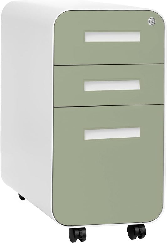 Laura Davidson Furniture Stockpile Slim 3-Drawer Mobile File Cabinet with Lock - Under Desk Metal Filing Cabinet, Legal/Letter File Folders, Wheels & Stationary Feet, Assembled, Sage Green