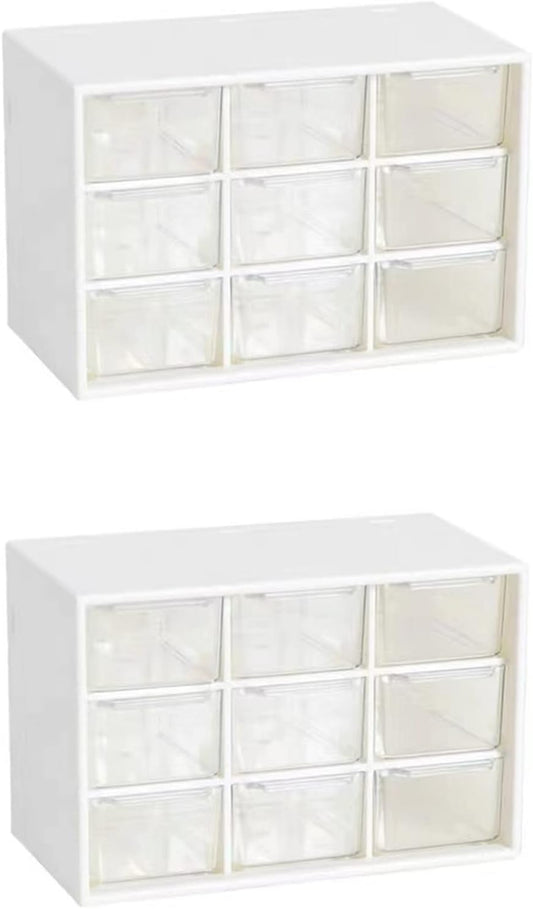 Feadily 2PCS Small Drawer Organizer for Desk, Desktop Drawer Organizer with 9 Clear Drawers, Plastic Desktop Storage Drawers 7.1 Inch x 3 .9 Inch x 4.7 Inch, White