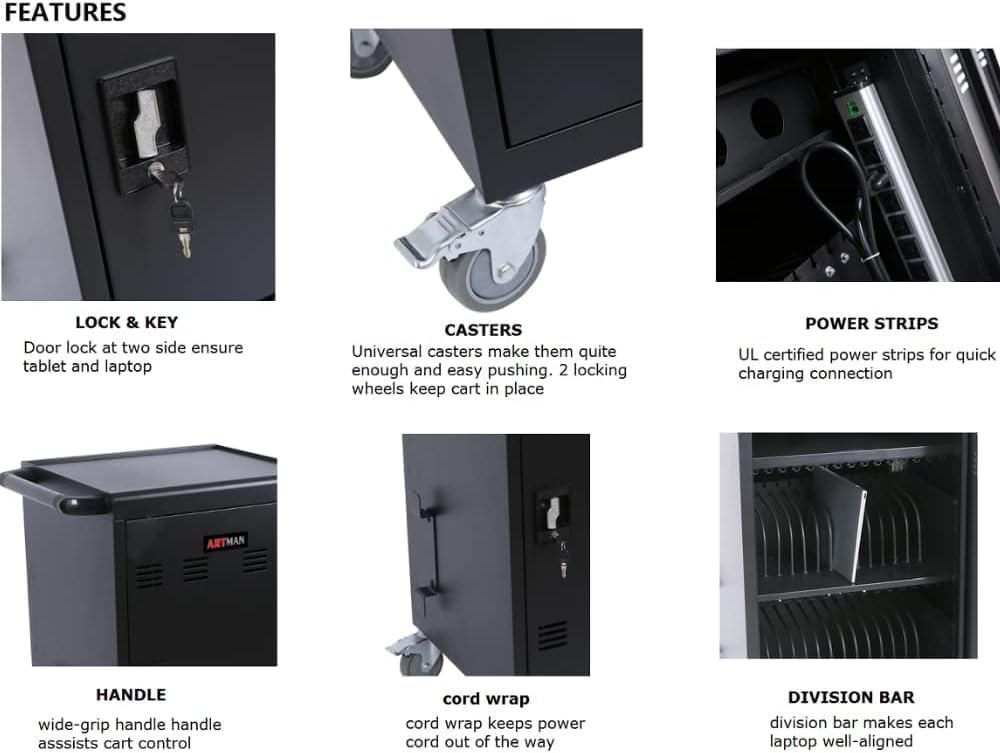 Laptop Charging Cart, 32 Devices Tablet Storage Carts for Ipad up to 16.3" Screen Size, Mobile Charging Station for Classroom, Fast Charging, Security Storage, Easy Use, Black