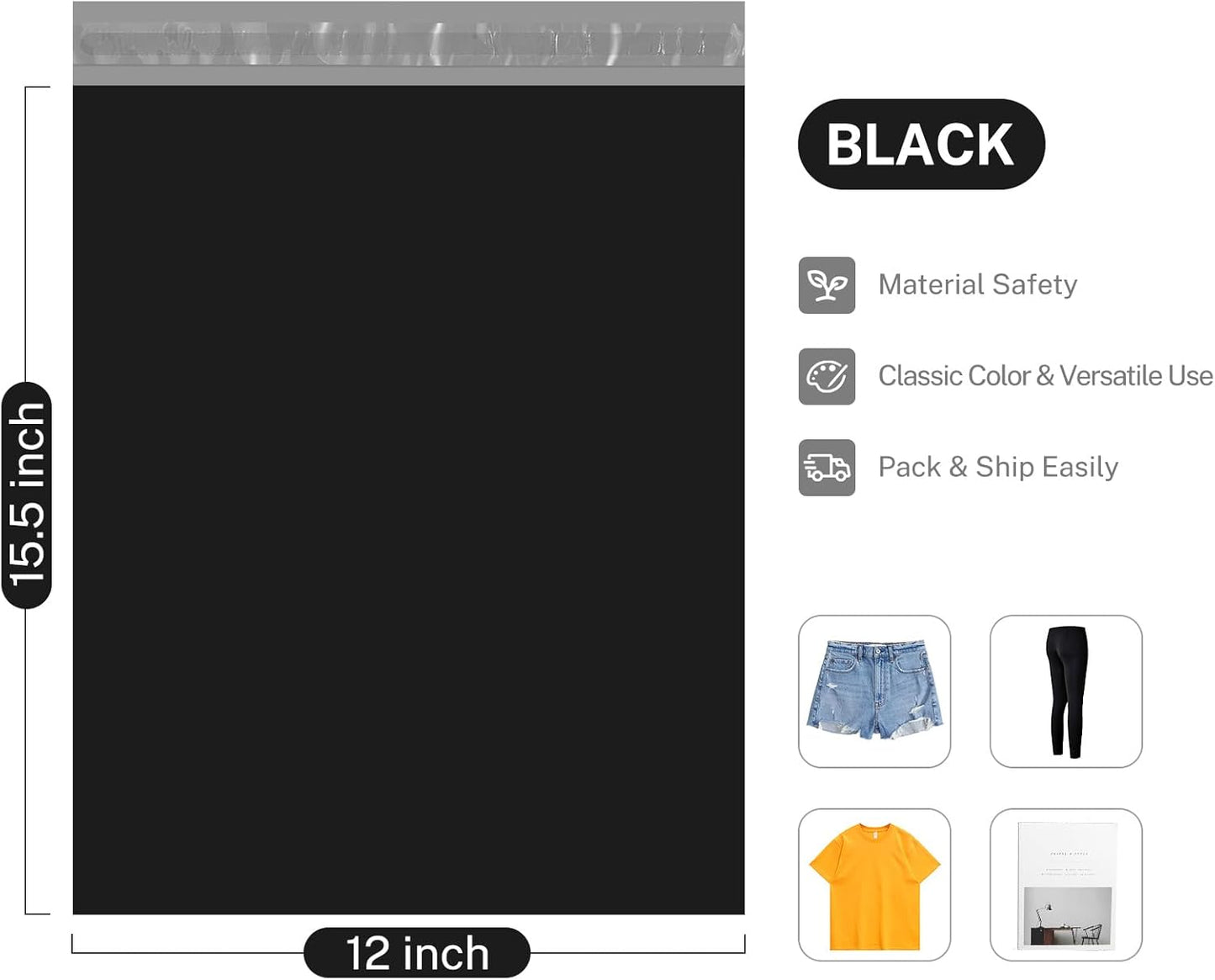 Metronic 1000PC Poly Mailers 12X15.5, Sturdy Shipping Bags for Small Business, Waterproof Mailers Poly Bags, Strong Adhesive Shipping Envelopes for Clothing, Efficient Mailing Envelopes in Black