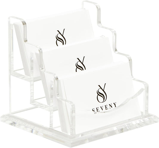SEVENY Business Card Holder, Clear Acrylic Cards Organizer Stand for Men and Women, Business Cards Case Rack 1 Pack, Holds 180 Cards-3 Slot