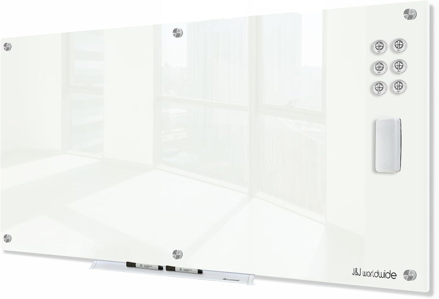 J&J worldwide Glass Dry Erase Board 6' x 4', Glass Whiteboard Magnetic, Large Frameless Glass White Boards for Walls, Includes Magnets, Marker Tray, Eraser for Office, Home, School