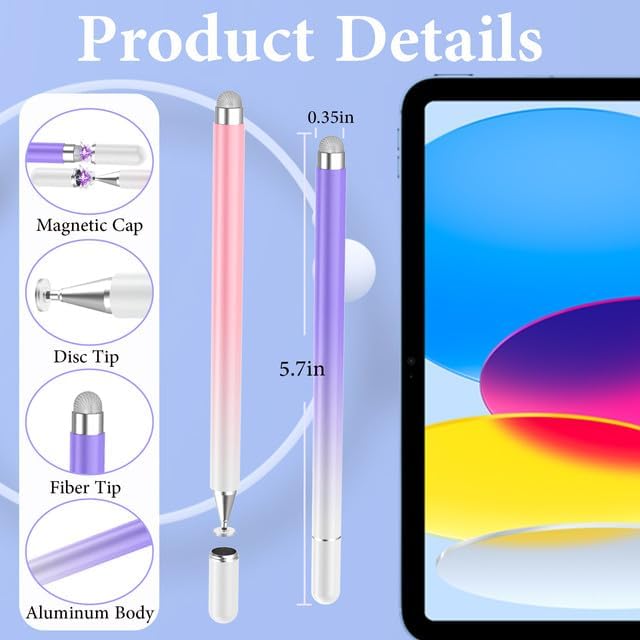 Stylus Pens for Touch Screens(2PCS), Luntak High Precision Magnetic Disc Universal Stylus Pen for iPad, 2 in 1 iPad Pencil Compatible with iPhone/Pad/Android and Most Touch Screen(Pink/Purple)