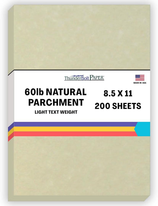 200 Natural Parchment 60# Text (=24# Bond) Paper Sheets - 8.5 X 11 Inches Standard Letter|Flyer Size - 60 Pound is Not Card Weight - Vintage Colored Old Parchment Semblance