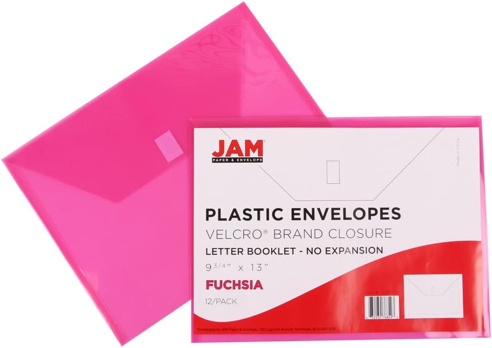 JAM PAPER Plastic Envelopes with Hook & Loop Closure - Letter Booklet - 9 3/4 x 13 - Fuchsia Pink - 12/Pack
