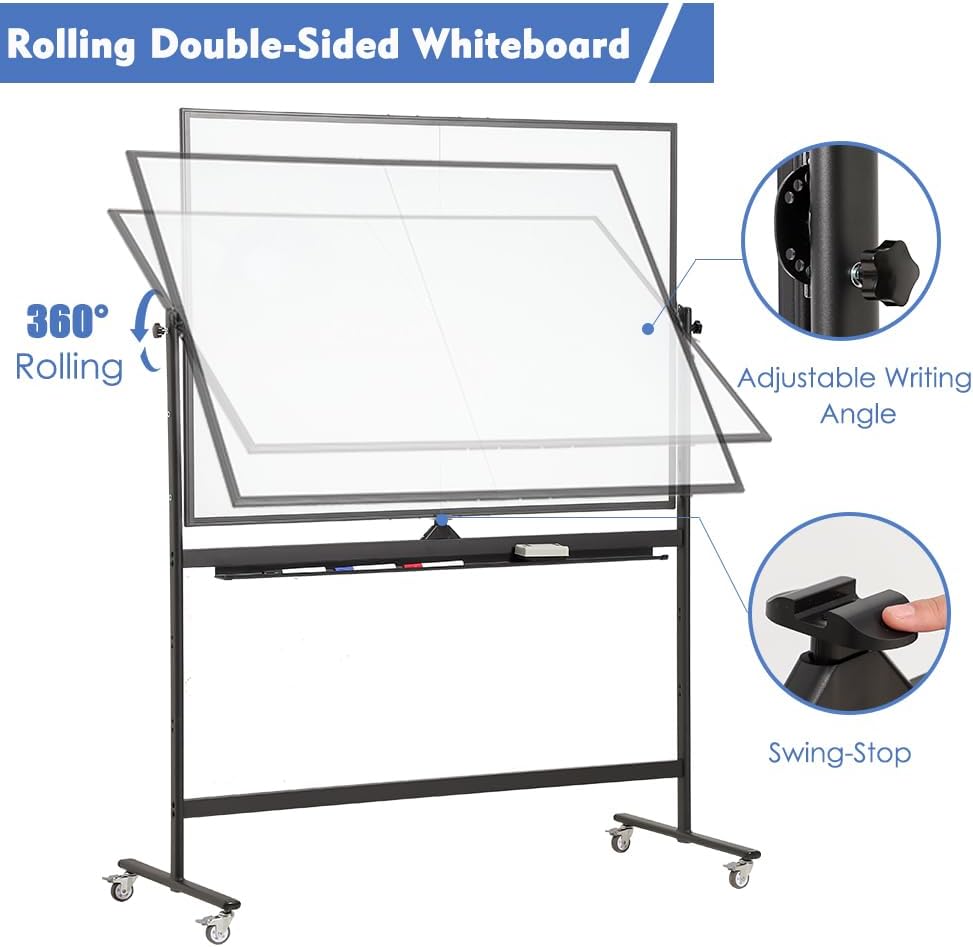Large Magnetic Mobile Whiteboard 72"x48", Rolling Double Sided Stand Whiteboard on Wheels, Reversible Adjustable Height/Angle Dry Erase Board 6' x 4' Easel White Board for Office Classroom, Black