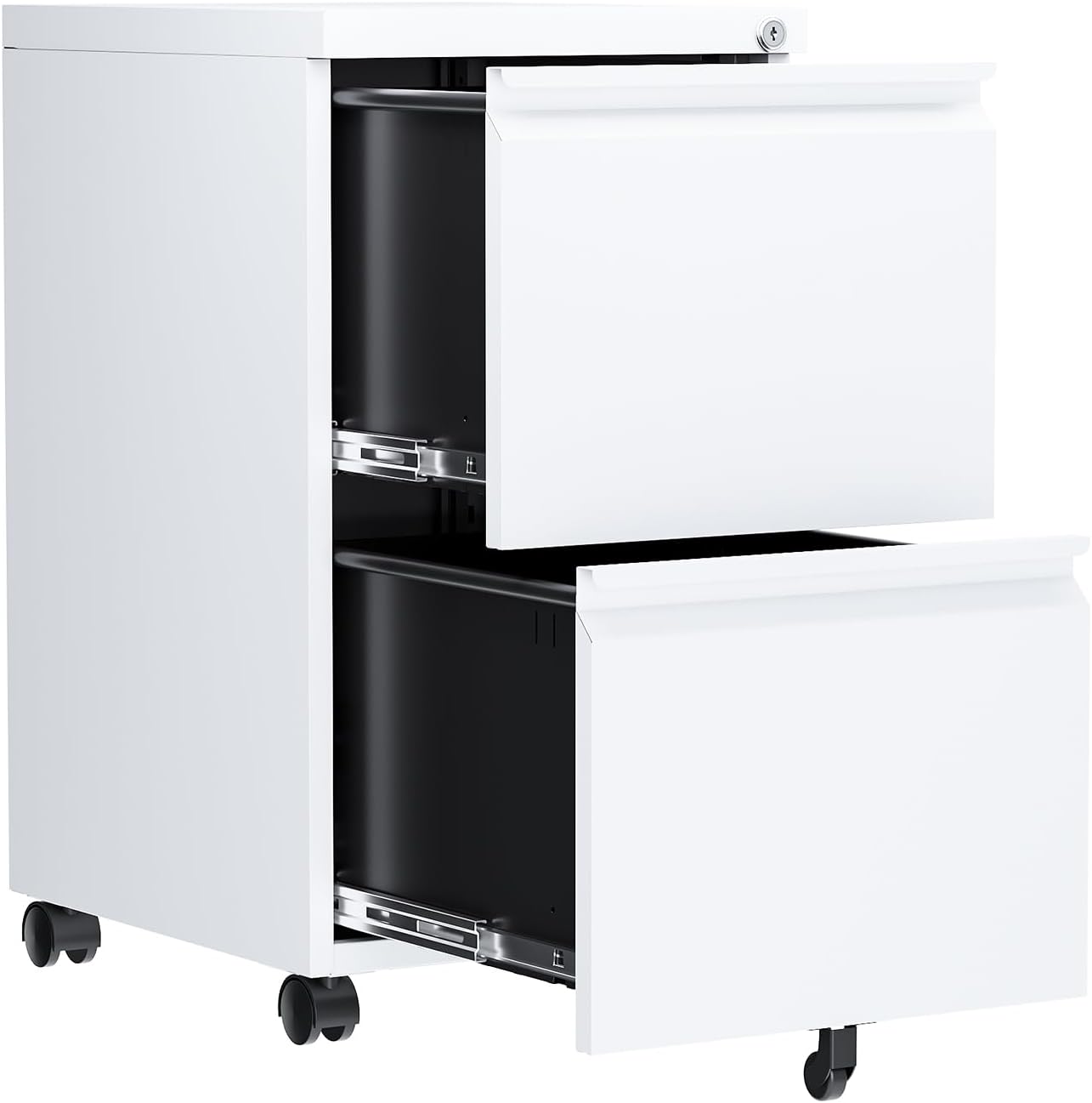 2 Drawer File Cabinet, Fully Assembled Mobile File Cabinets with Lock, Metal Rolling Filing Caninet on Wheels, Small Two Drawer Under Desk Cabnet for Letter/Legal / A4 / File Box - White