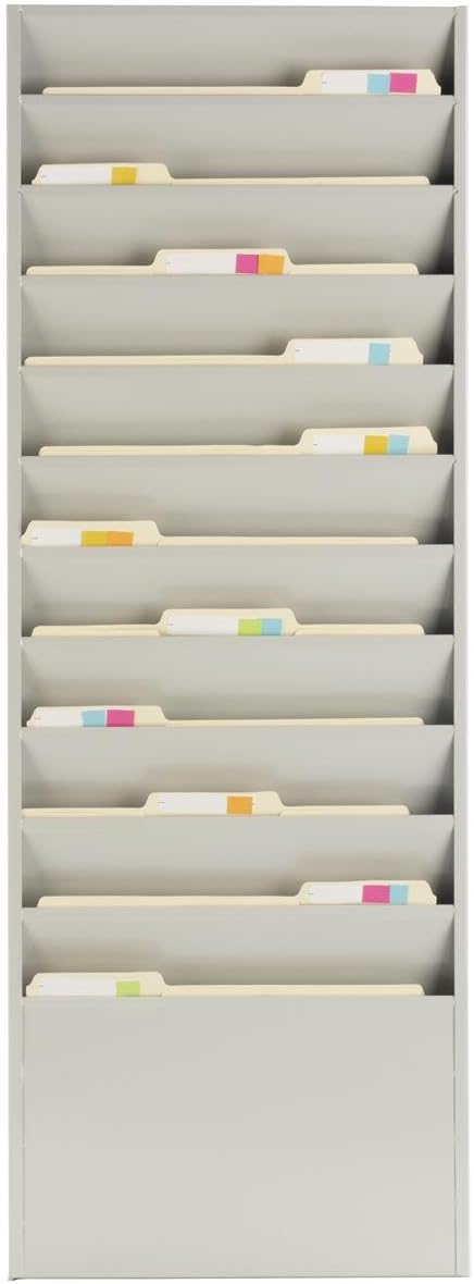 Displays2go Office File Folder Wall Rack, 11 Tiered Pockets, Medical Chart Folders (Putty/Powder Coated Steel)