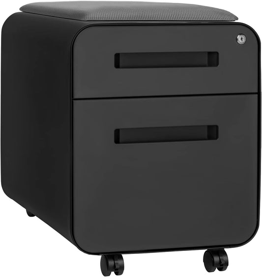 Laura Davidson Furniture STOCKPILE Mini Seated 2 Drawer Mobile File Cabinet with Removable Magnetic Cushion Seat - Short Version, Metal Filing Cabinet, Pre-Assembled, Black with Grey Cushion
