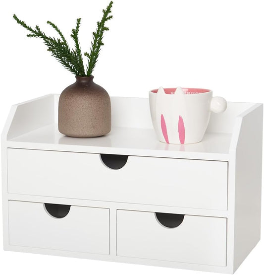 ROSE BLOOM White Wood Desk Organizer with 3 Drawer, Mini Cute Cabinet with Storage Shelf for Tabletop, Small Desktop Box Organizer for Cosmetic Office Supplies