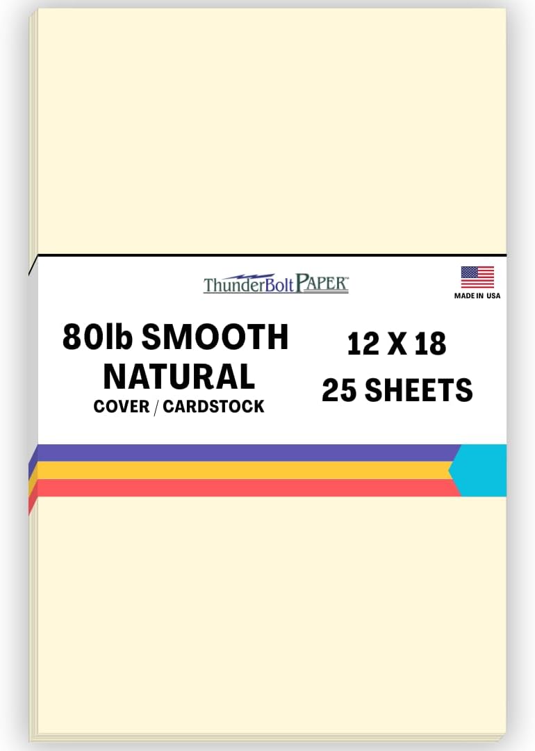 25 Natural Smooth Card Stock Sheets Paper - 12 X 18 Inches Large|Poster Size - 80# (80 lb/Pound) Cover Weight - Quality Paper - Smooth Finish