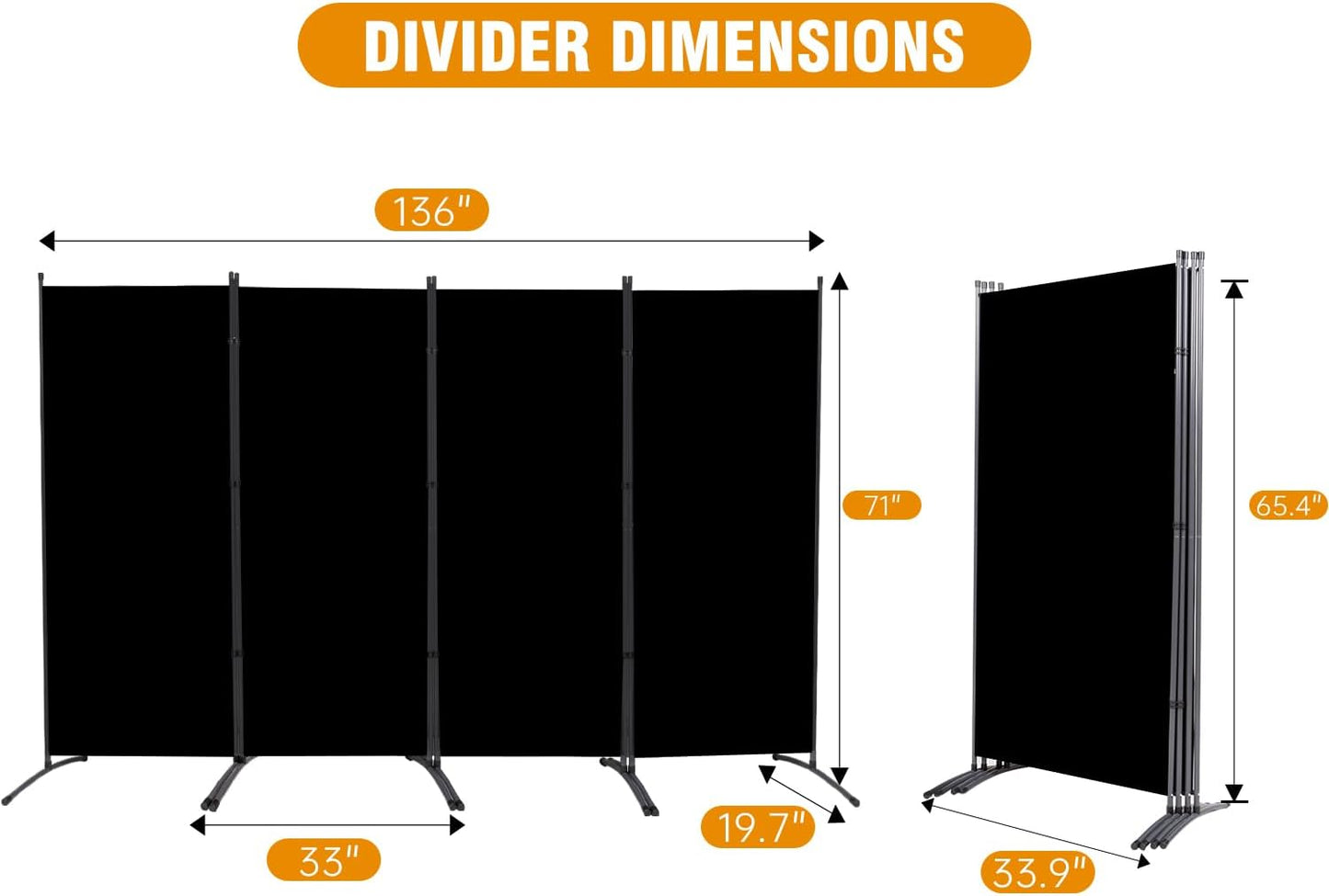 4 Panel Folding Privacy Screens, 6 FT Tall Wall Divider with Metal Frame, Freestanding Room Divider for Office Bedroom Study (4 Panel, Black)