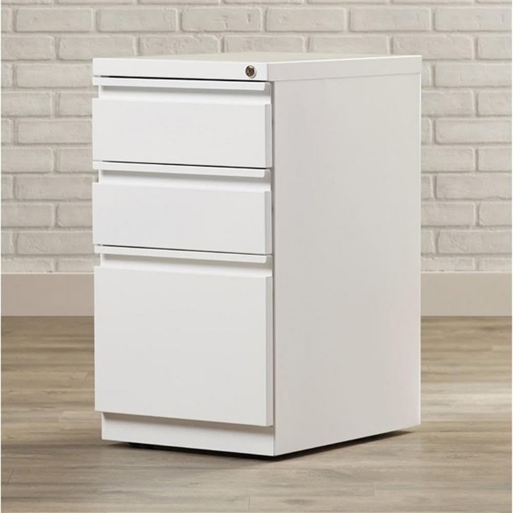 BOWERY HILL 20" 3-Drawer Modern Metal Mobile Pedestal File Cabinet in White