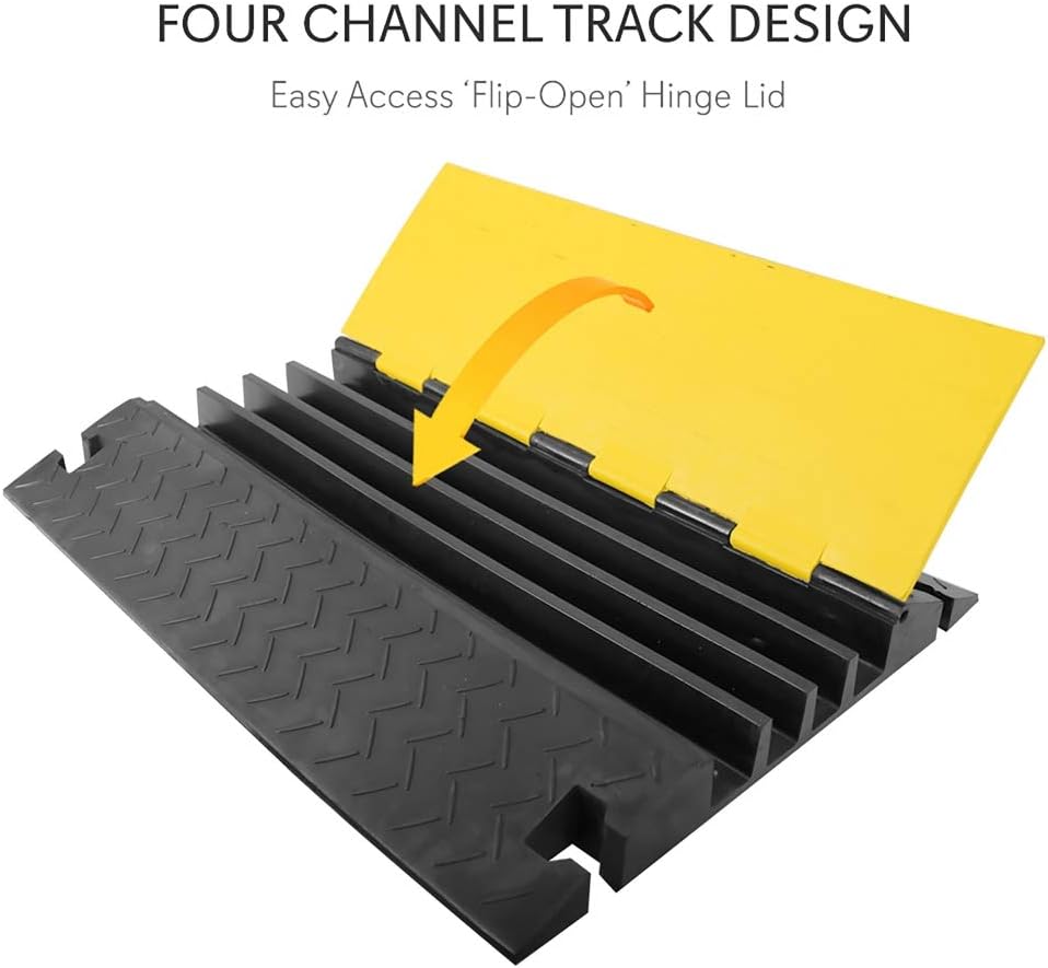 Pyle Hose & Cable Protection Ramp - Extra Heavy Duty Four Channel Extra Large Opening for Water Hose Car Truck Pedestrian Ramp Supports 55000 Lbs, Flip-Open Cover, 31.5” x 23.2” x 3.14” PCBLCO108