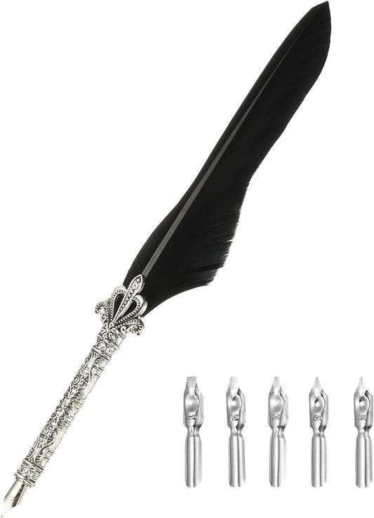 PATIKIL 26.5cm/10.4" Calligraphy Feather Quill Pen, Vintage Feather Dip Pen with 5 Replacement Nibs for Calligraphy Writing Wedding Office Gifts, Pure Black