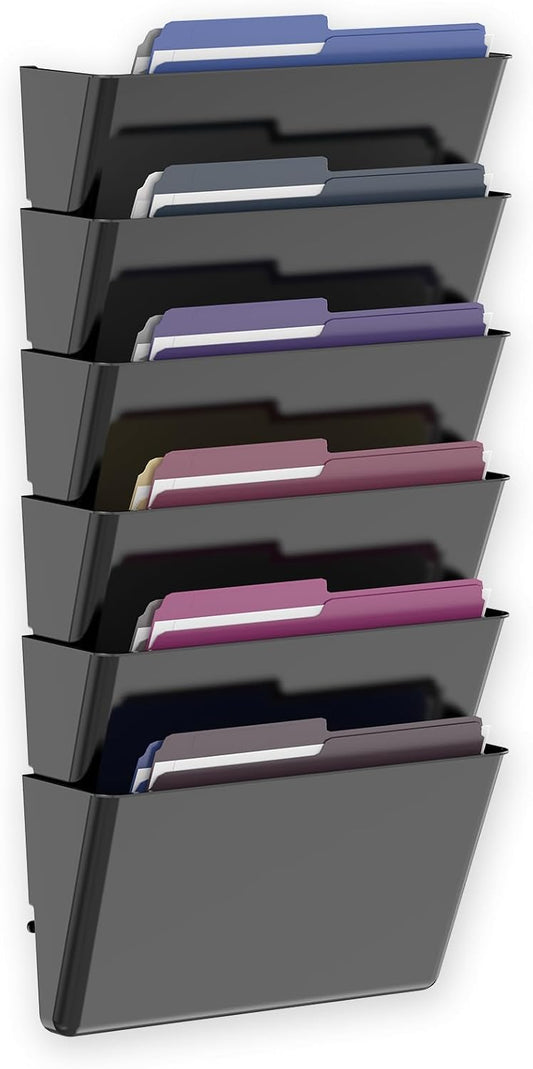 6 Pockets Acrylic Wall File Organizer, Clear Wall File Holder, Plastic Hanging Wall File Holder for Office, School and Home, Black