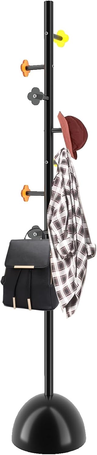 Metal Coat Rack Stand with Ball Base, Modern Coat Rack Freestanding, Heavy Duty Coat Racks with 8 Acrylic Hooks, Coat Hall Tree Hanger Stand for Entryway, Office