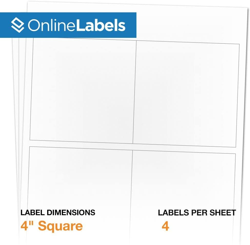 4 x 4 Square Label - Pack of 100 Labels, 25 Sheets - Inkjet/Laser Printer - Online Labels