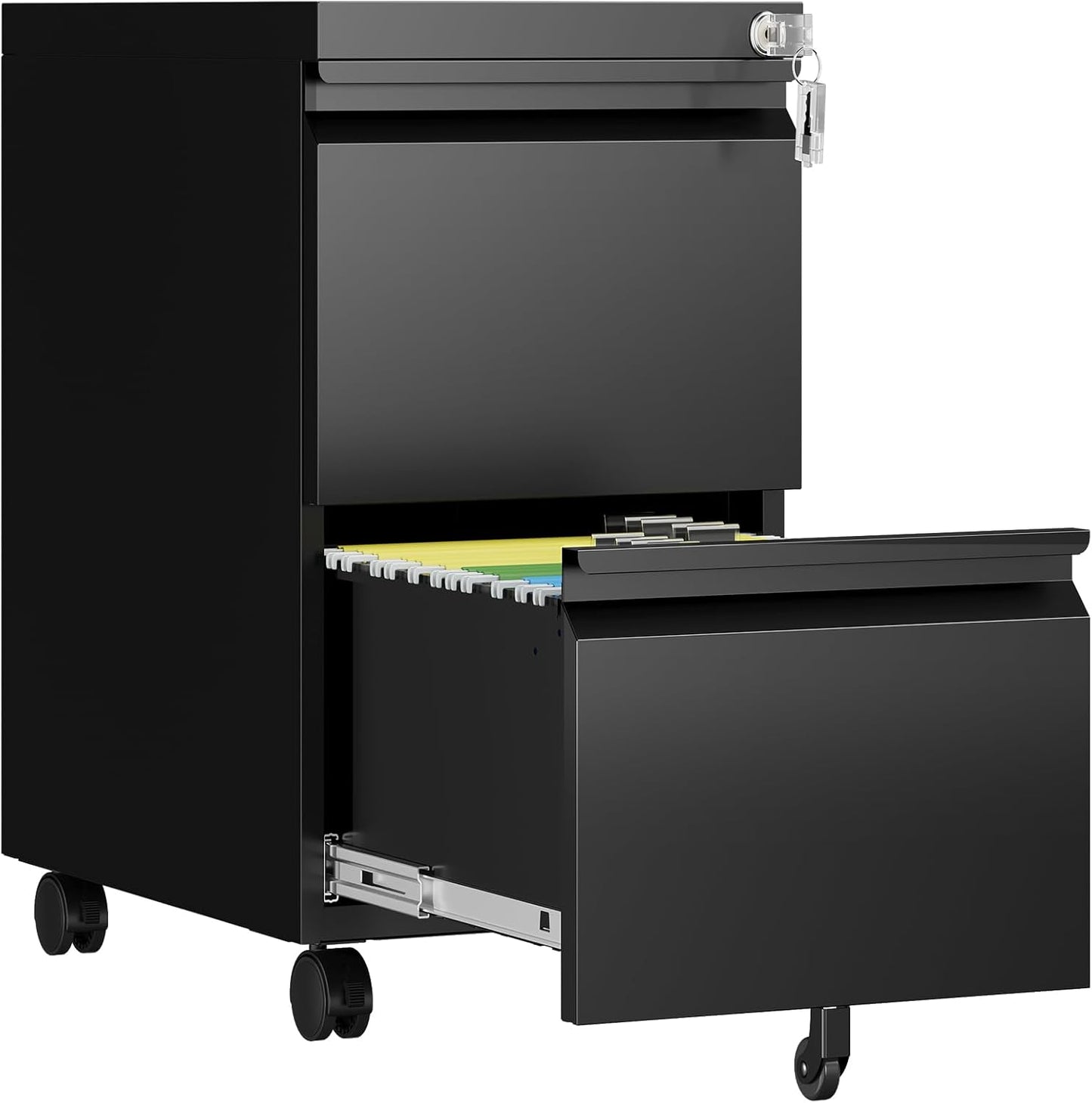 2 Drawer File Cabinet with Lock, Rolling File Cabinets for Home Office, Small Metal Filing Cabinet Office Drawers Under Desk for Letters/Legal/A4 Size, Assembly Required