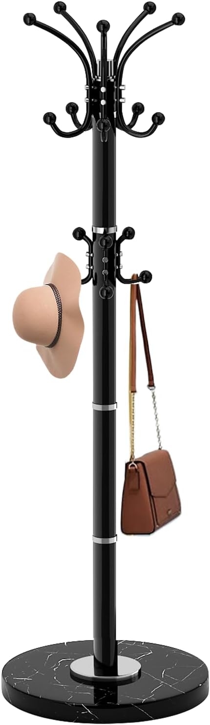 Modern Metal Coat Rack Stand, Coat Rack Freestanding with Natural Marble Base, 360°Rotary Design Sturdy Coat Racks with 16 Hooks, White Coat Hall Tree Stand for Entryway (Black)