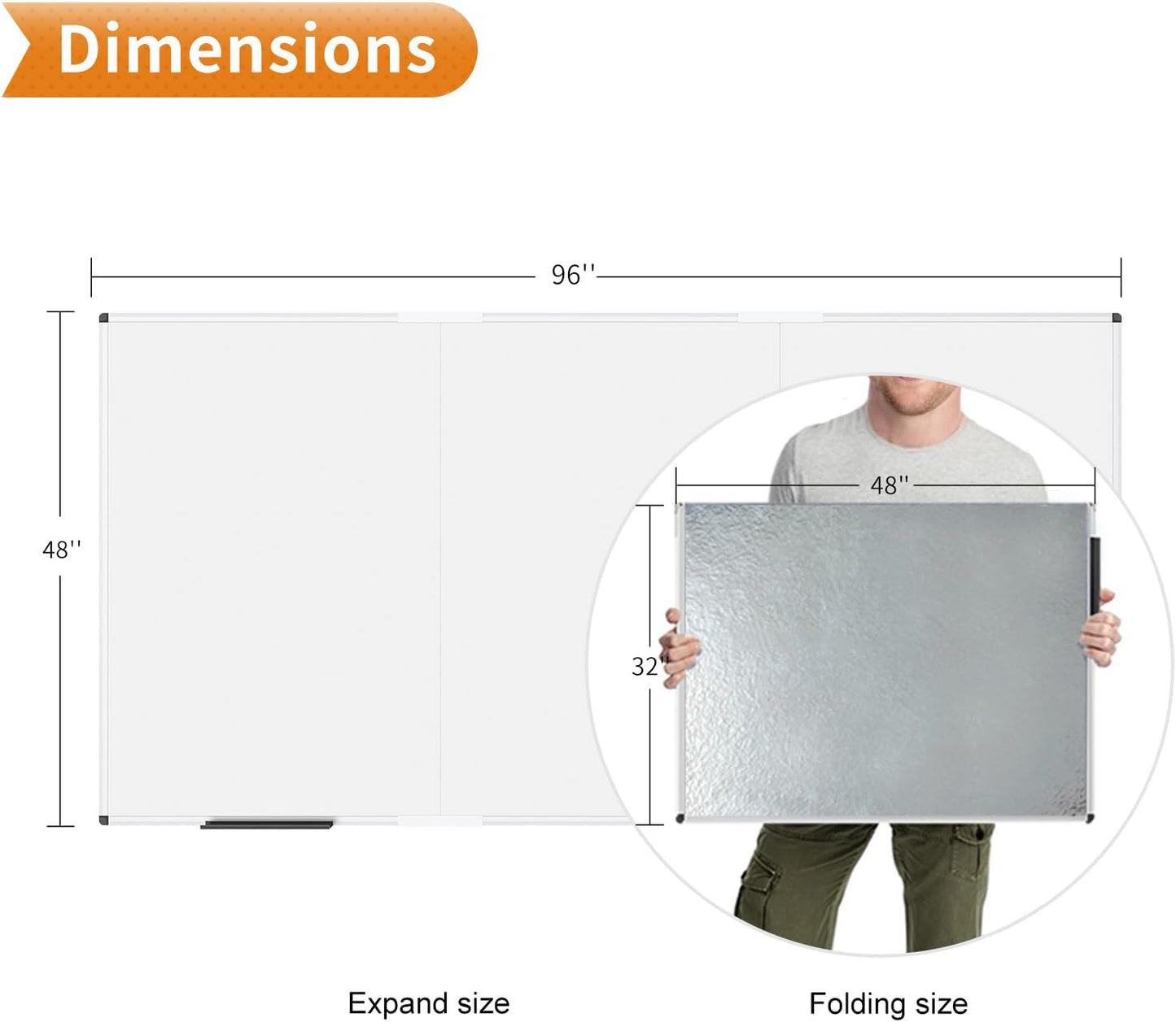 VIZ-PRO Large Magnetic Whiteboard/Foldable Dry Erase Board, 96 X 48 Inches, Wall Mounted White Board for School Office and Home 8' x 4'